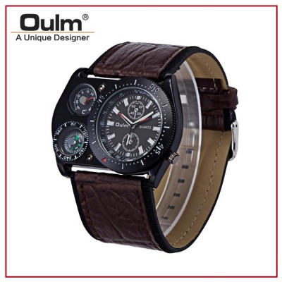 OULM HP4094 Mens Leather Strap Quartz Watch with Movement Compass and Thermometer Analog Display Coffee Brown